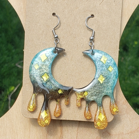 Dripping Moon Earrings/ Cresent/ Resin/ Handmade/ Stainless Steel Hooks 🌙 - Picture 3 of 4